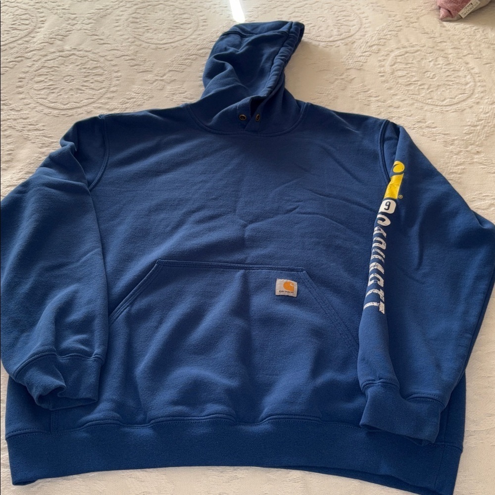 Gently loved Carhartt Navy Hoodie with Logo Sleeve “Missing Draw String” Unisex